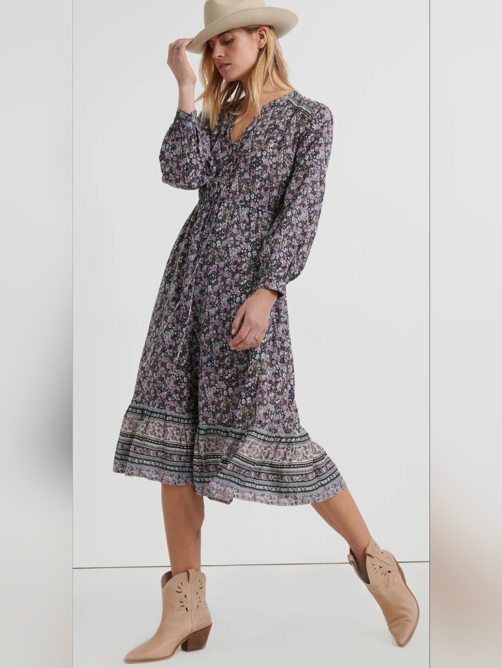 🍀🌸LB Prairie Floral Boho Long-Sleeve Midi Dress  Lavender Navy Made Festival